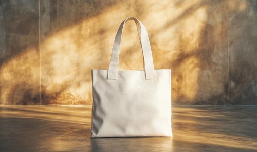 A white bag with a brown handle sits on a concrete floor. The bag is open and the handle is visible