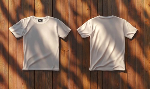 Two white t-shirts are hanging on a wooden surface, one on the left and one on the right. The