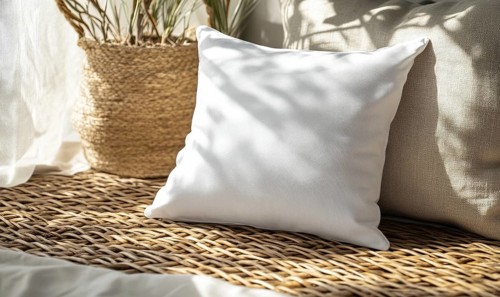 A white pillow sits on a woven mat next to a basket. The pillow is the main focus of the image, and