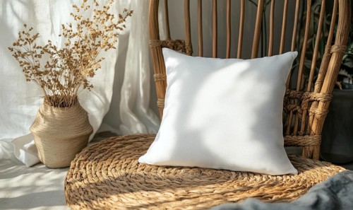 A white pillow sits on a woven mat in front of a vase of flowers. The pillow is placed on a chair,