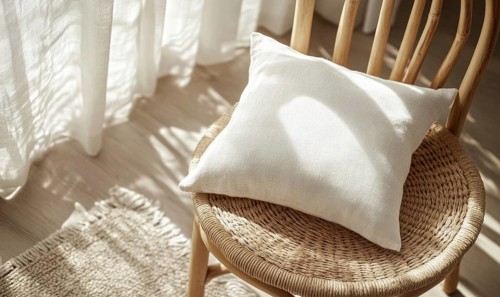 A white pillow sits on a wooden chair in a room with white curtains. The pillow is placed on the