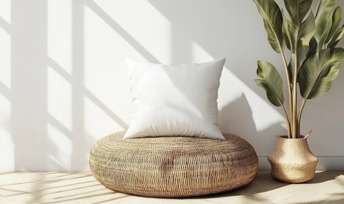 A white pillow sits on a round wicker seat in front of a large potted plant. The room is bright and