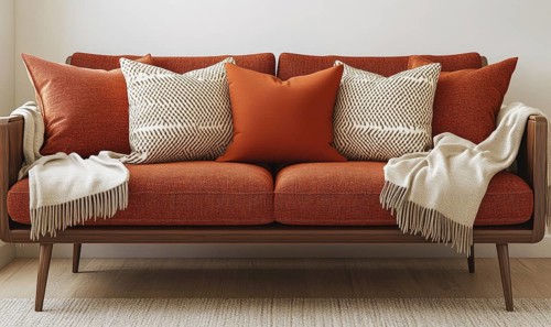 Warm and inviting orange sofa with patterned pillows and fringe throws in a mid-century modern