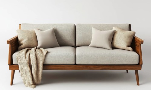 A brown couch with pillows and a blanket on it. The couch is made of wood and has a modern design.