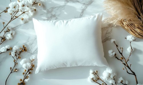 A white pillow on a marble surface framed by cotton branches with soft ambient lighting. AI