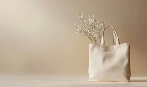 A white canvas bag with a white flower in it. The bag is placed on a white background. AI generated
