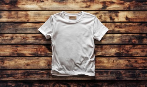 A white t-shirt is displayed on a wooden surface. The shirt is unbuttoned and has a tag on the back