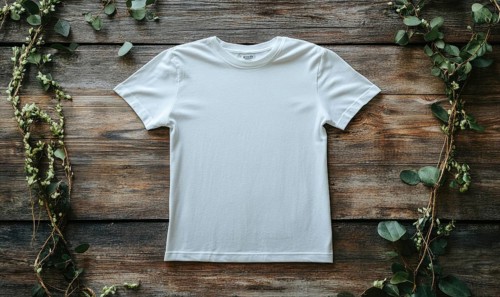 A white t-shirt is sitting on a wooden table. The shirt is unbuttoned and has no design on it. The