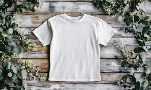 A white t-shirt is displayed on a wooden surface with green leaves surrounding it. Concept of