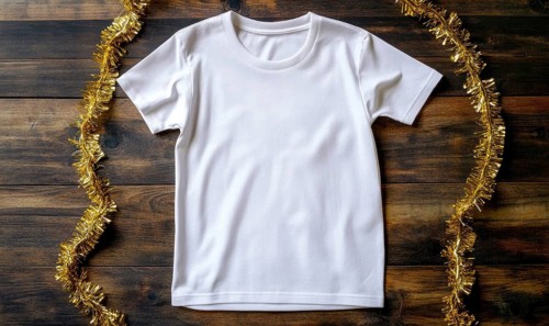 A white shirt is on a wooden table with a gold and silver garland. The shirt is unbuttoned and has
