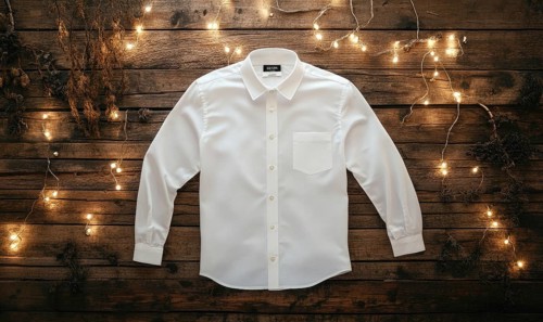 A white shirt is displayed on a wooden surface. The shirt is neatly pressed and has a button-up