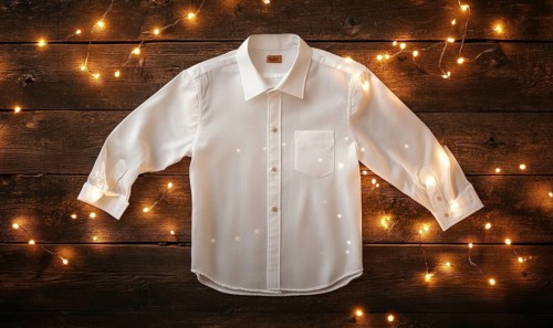 A white shirt with a brown tag is displayed on a wooden surface. The shirt is hanging on a wall