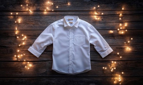 A white shirt is displayed on a wooden surface with a star pattern. The shirt is folded and placed