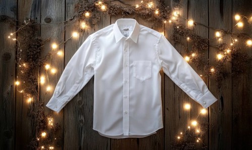 A white shirt is displayed on a wooden surface with a string of lights. The shirt is folded and