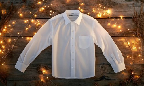 A white shirt is displayed on a wooden surface with a string of lights. The shirt is folded and