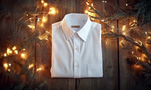 A white shirt is laying on a wooden table with Christmas lights in the background. The shirt is