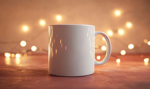 A white coffee mug sits on a table with a red background. The light from the background creates a