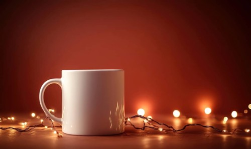 A white coffee cup sits on a table with a red background. The cup is empty and the table is