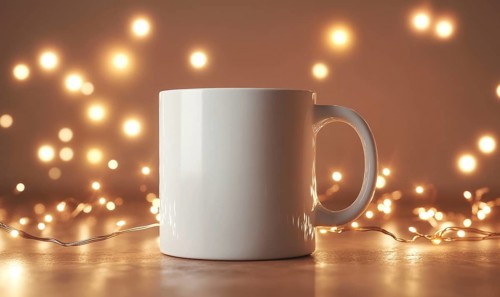 A white coffee mug sits on a wooden table with a string of lights behind it. The lights create a
