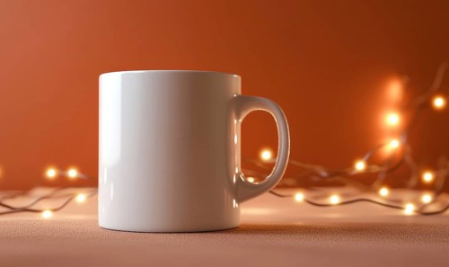 A white coffee mug sits on a table with a warm orange background. The mug is empty, but it is the