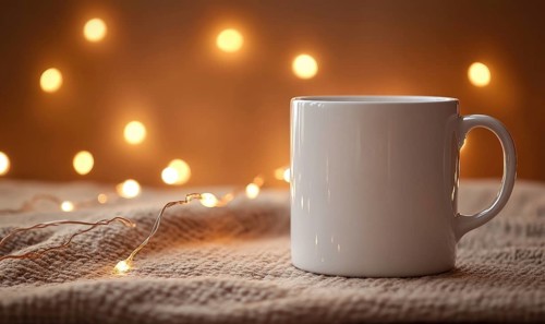 A white coffee cup sits on a blanket with a light shining on it. The light creates a warm and cozy