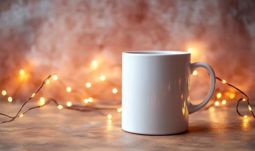 A white coffee cup sits on a table with a string of lights in the background. The scene conveys a