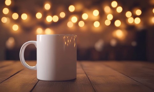 A white coffee mug sits on a wooden table. The table is lit by a light source, creating a warm and