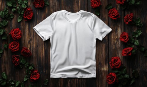 A white t-shirt is displayed on a wooden surface with red roses surrounding it. Concept of elegance