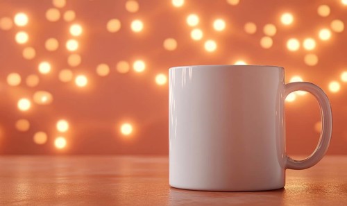 A white coffee mug sits on a table in front of a lighted background. The lighted background creates