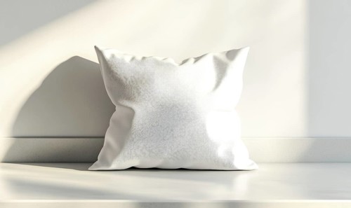 A white pillow sits on a countertop in a room with a window. The pillow is unmade and he is a