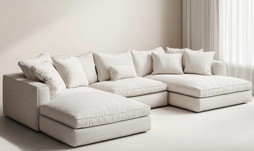 A spacious beige sectional sofa with plush pillows in a bright, cozy room. AI generated