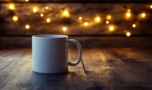 A white coffee mug sits on a wooden table with a warm glow from a light source. The scene conveys a