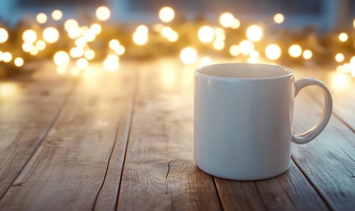 A white coffee cup sits on a wooden table with a Christmas tree decoration in the background. The