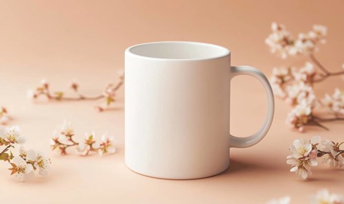 A white coffee cup sits on a table with a bunch of pink flowers. The cup is empty and the flowers
