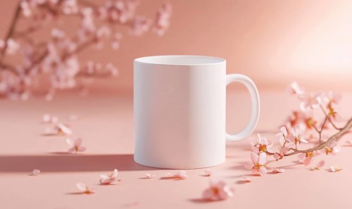 A white coffee cup is sitting on a pink background with pink flowers. The cup is empty and has no