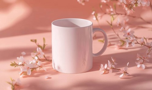 A white coffee cup sits on a pink background with pink flowers. The cup is empty and the flowers