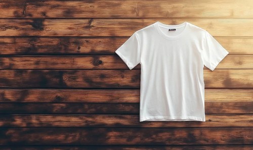 A white t-shirt is hanging on a wooden wall. The shirt is hanging by its collar and is not folded.