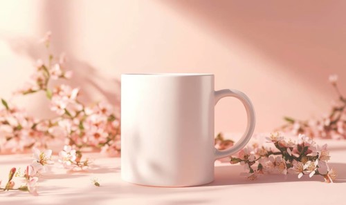 A white coffee cup sits on a table next to a bunch of pink flowers. The cup is empty and the