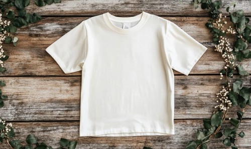 A white t-shirt is sitting on a wooden surface. The shirt is unbuttoned and has a clean, crisp