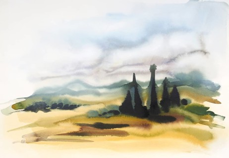 Watercolor painting showing a landscape in Tuscany at summer time