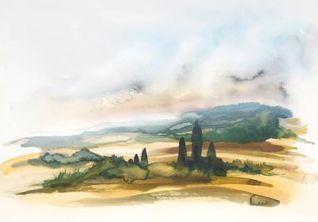 Watercolor painting showing a landscape in Tuscany at summer time