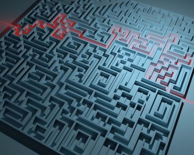 Labyrinth with red illuminated way through in blue ambiance