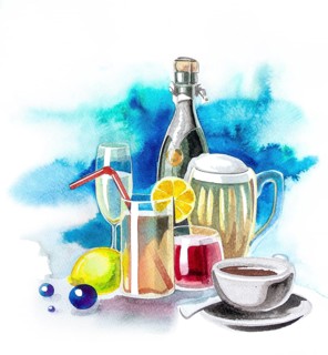 Watercolor illustration showing lots of various drinks in colorful back