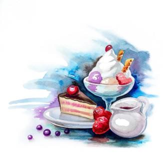 Watercolor illustration showing a cake and some ice cream and fruits in colorful back