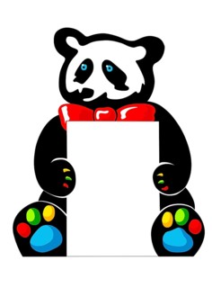 Funny illustration of a sitting colorful panda bear holding a white signboard