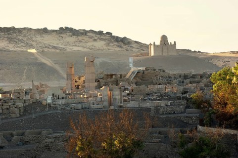 Idyllic scenery including the mausoleum of Aga Khan in Egypt at evening time