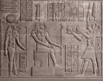 Ancient stone relief at Chnum temple in Egypt