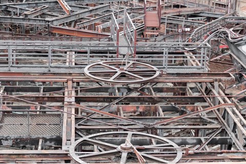 Weathered rusty industrial scenery with lots of old corroded steel girders