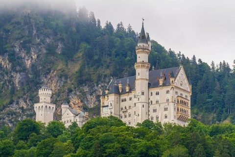 Neuschwanstein Castle above the village Hohenschwangau near Fuessen in Bavaria, germany