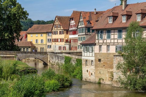 City view of a town named Schwaebisch Hall in Southern Germany at summer time
